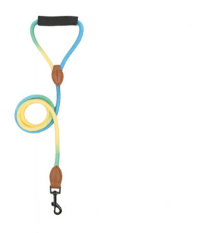 Yellow and blue gradient rope dog leash with padded handle and metal clip