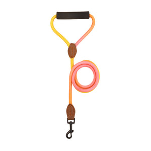 Yellow and pink gradient rope dog leash with padded handle and metal clip