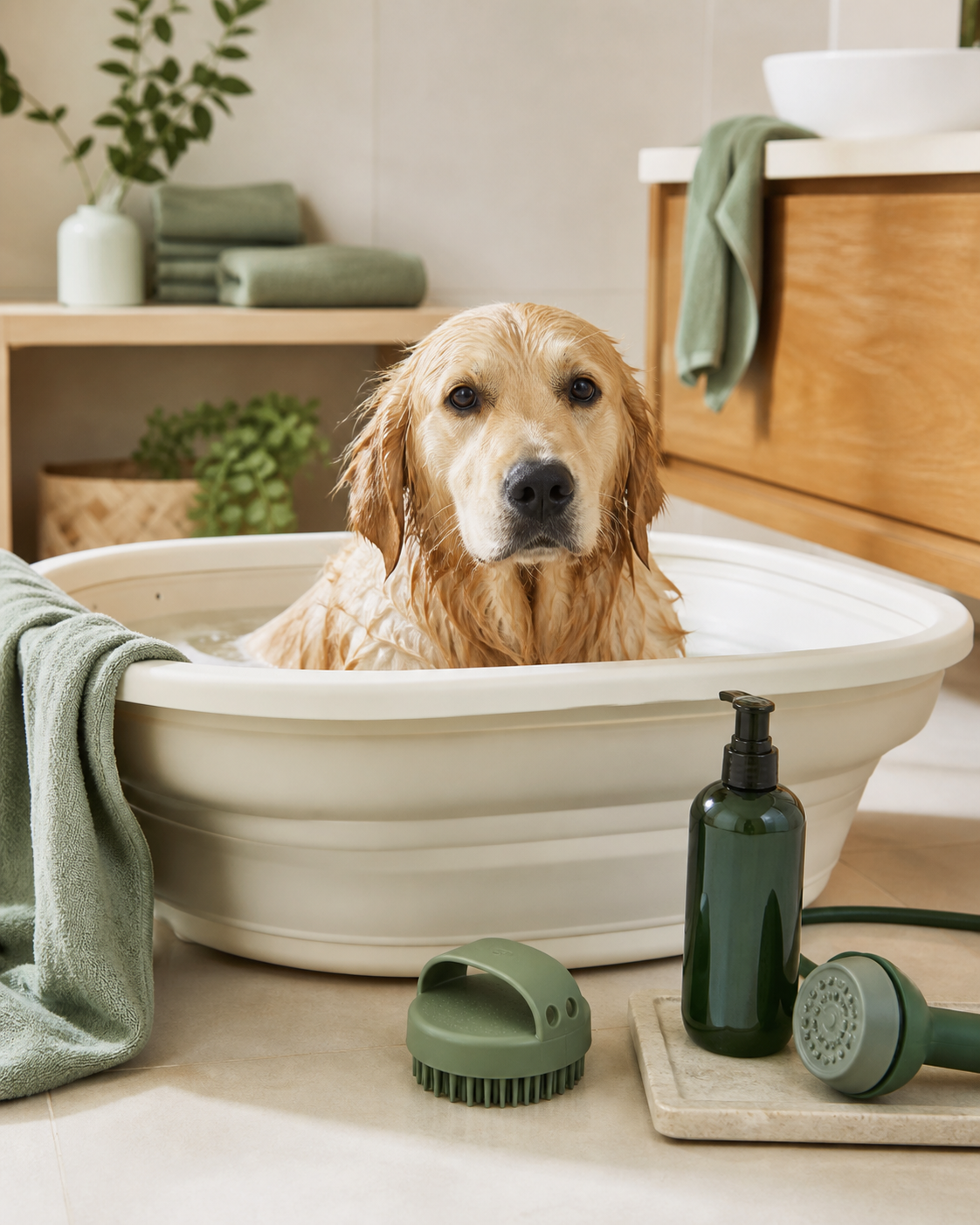 Calm dog with gentle bath supplies