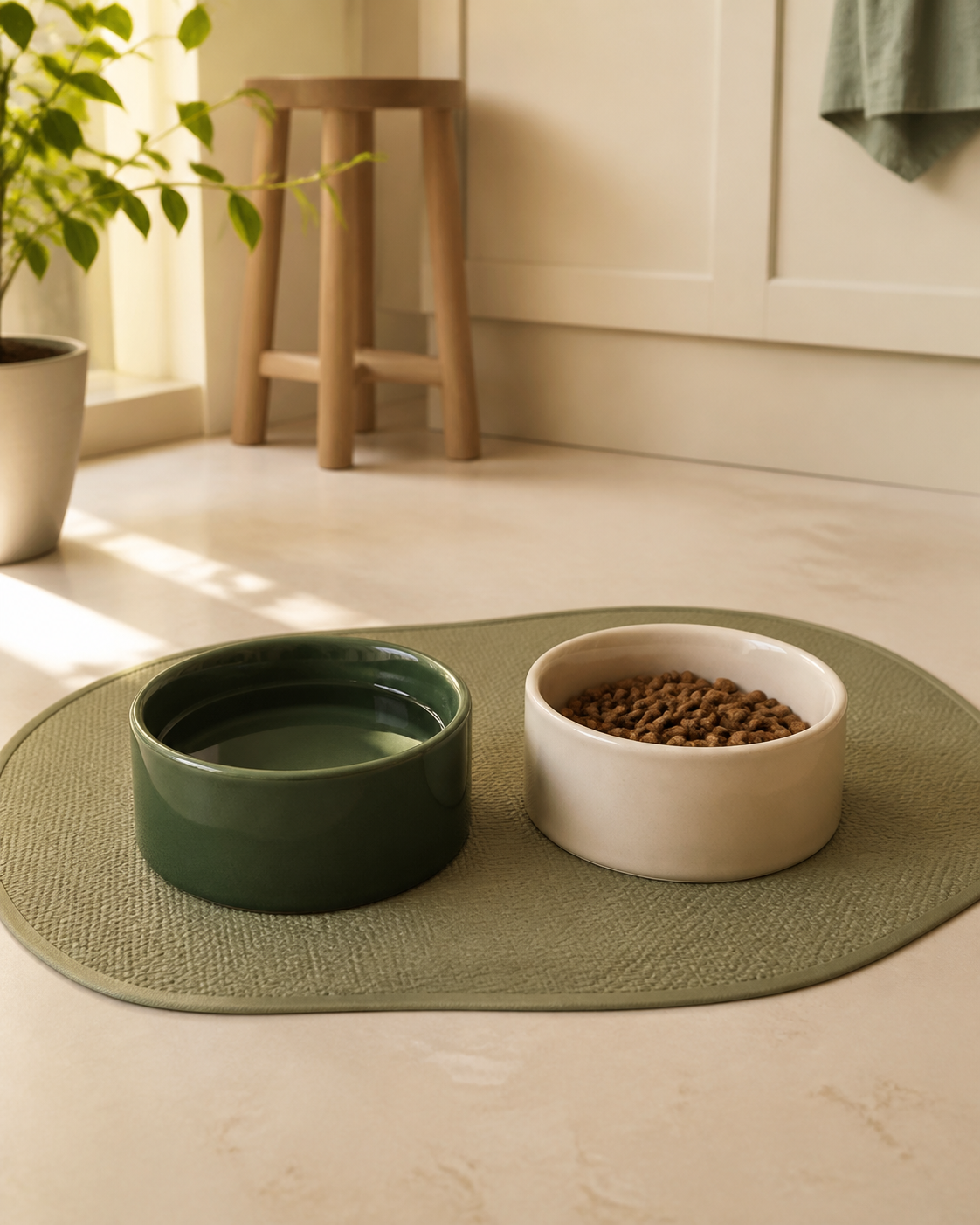 Forest green dog bowls in a warm kitchen