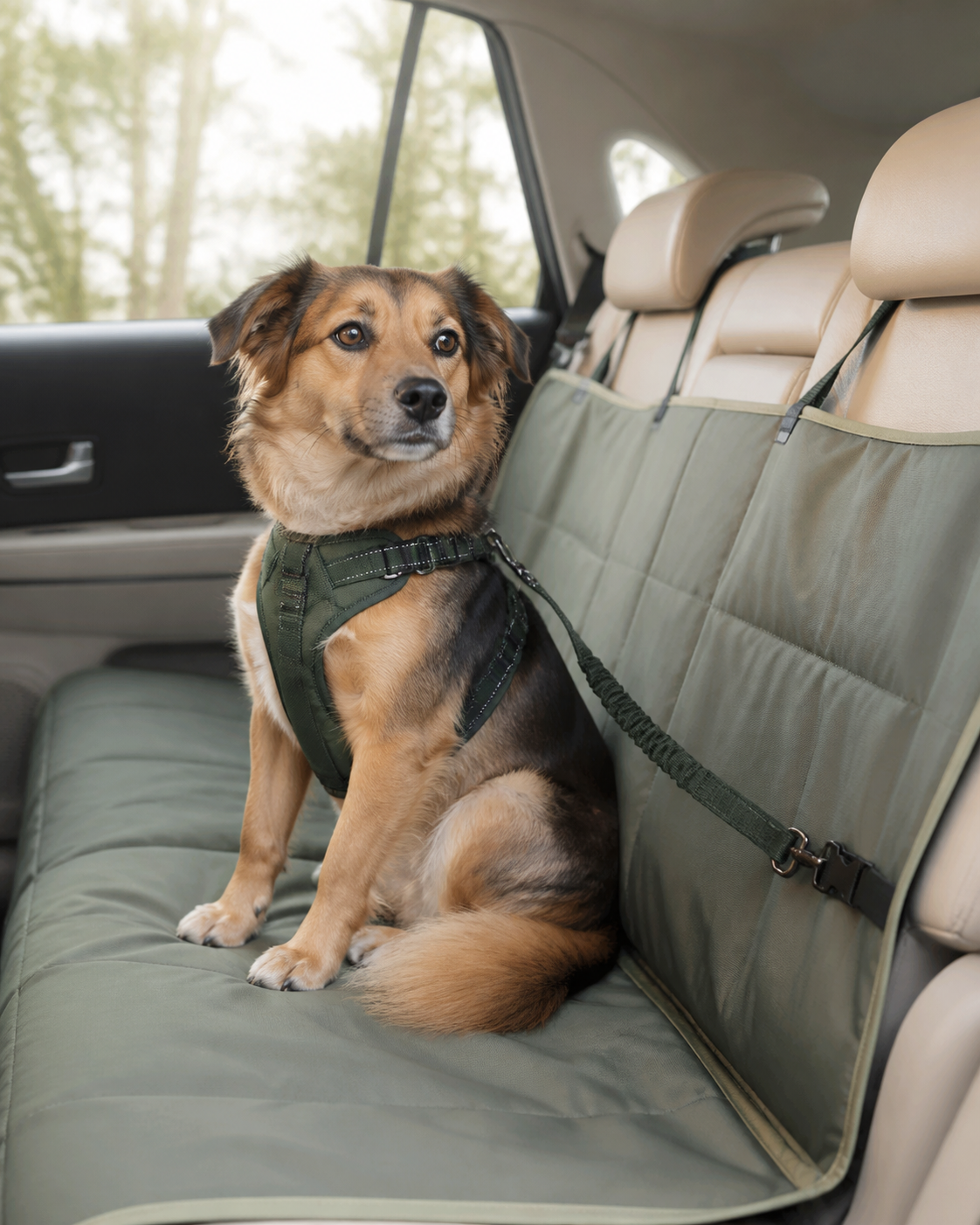 Dog secured for safe car travel
