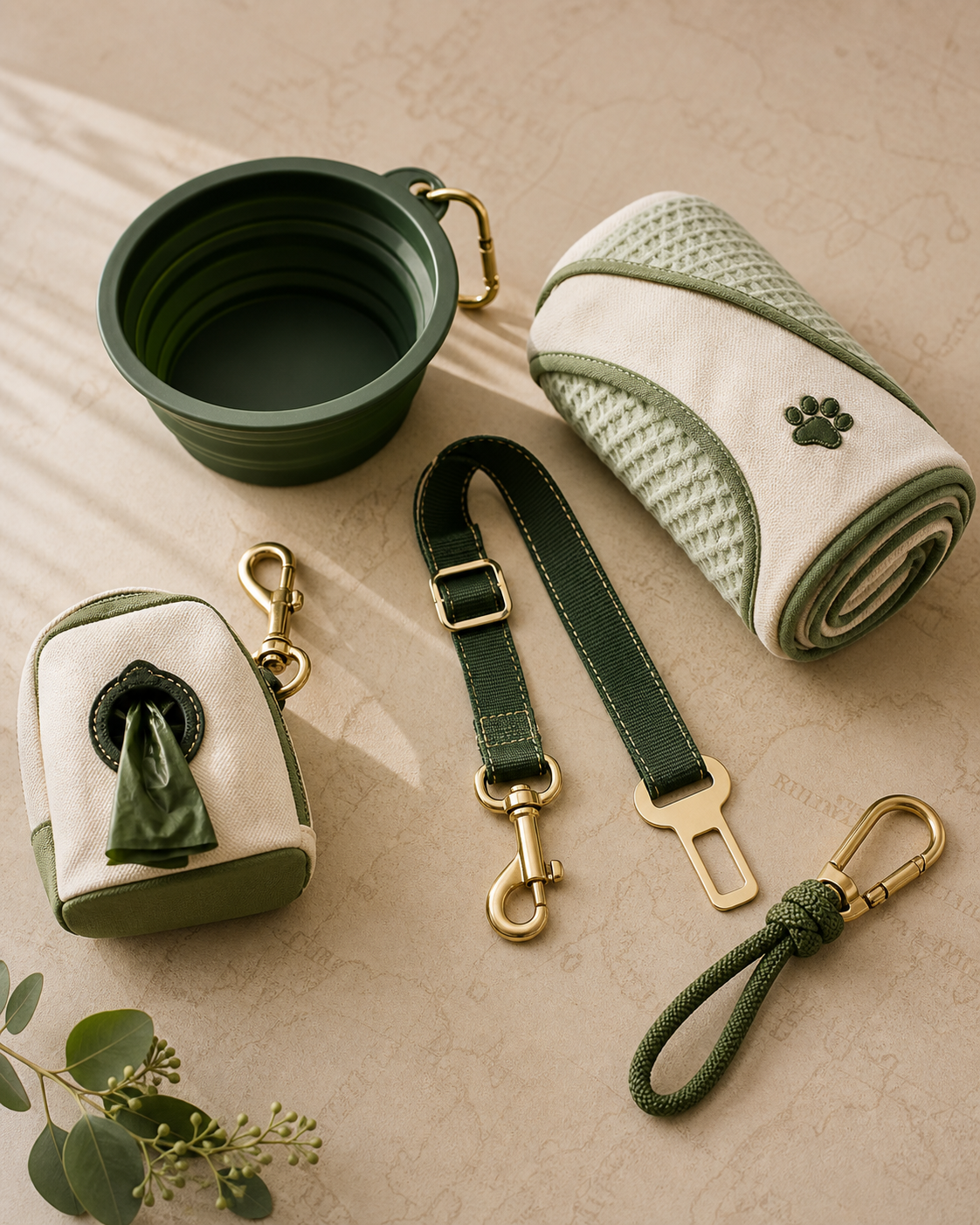 Organized dog travel accessories in green and cream