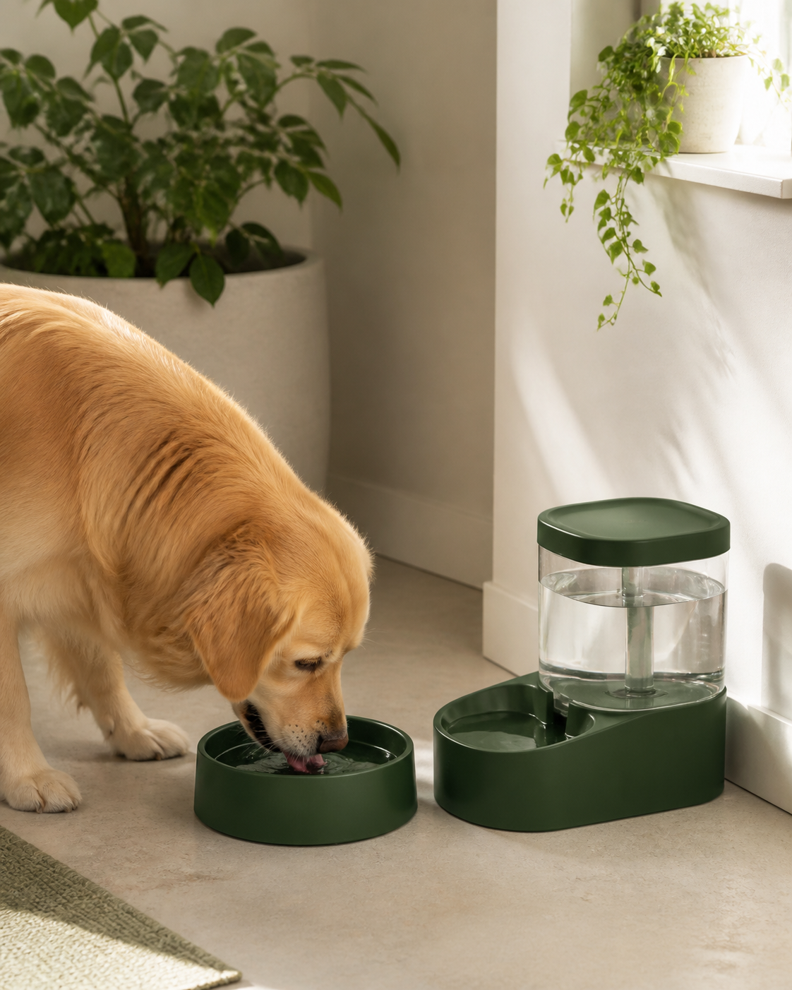 Dog drinking beside clean water supplies