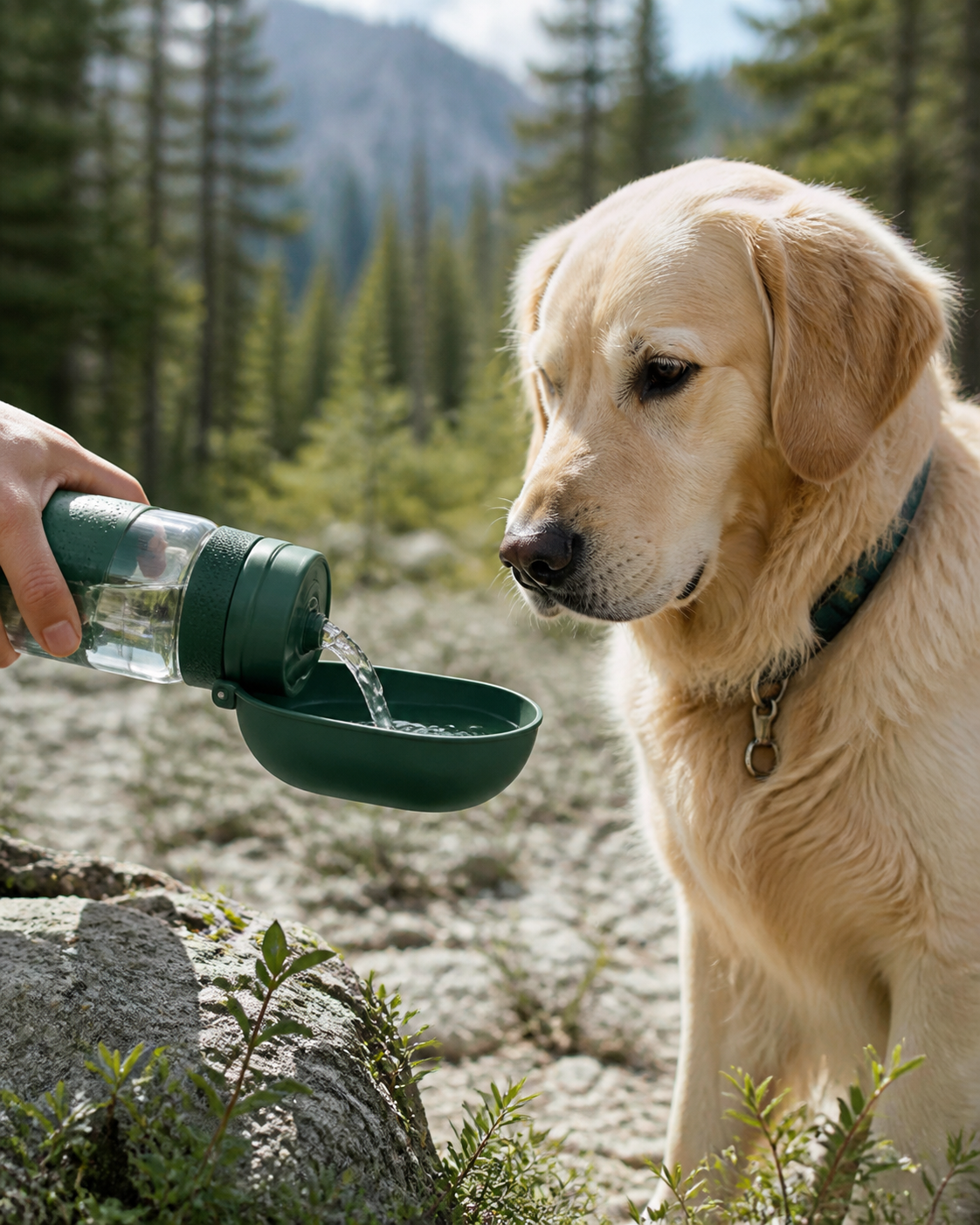 Portable dog water bottle used on a trail