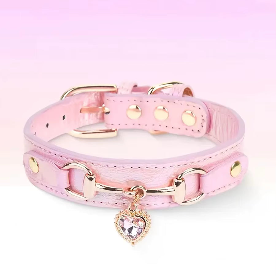 Heart Rhinestone PU Leather Dog Collar with Metal Accents for Small & Medium Dogs