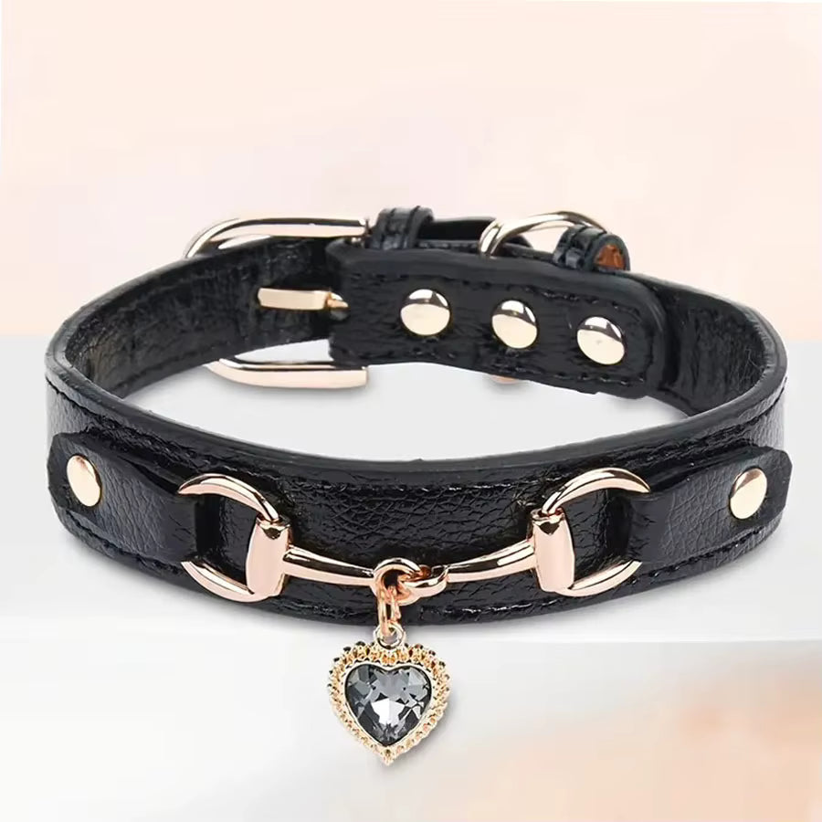 Heart Rhinestone PU Leather Dog Collar with Metal Accents for Small & Medium Dogs
