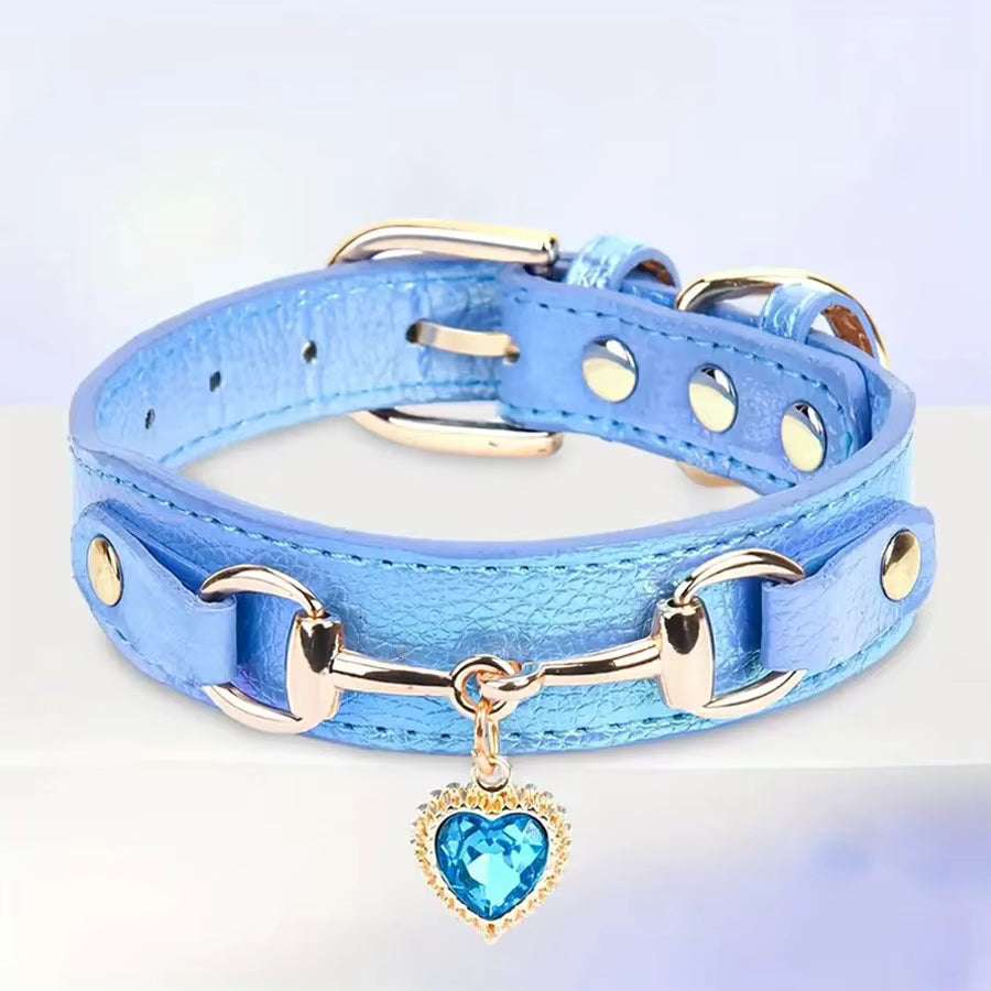 Heart Rhinestone PU Leather Dog Collar with Metal Accents for Small & Medium Dogs