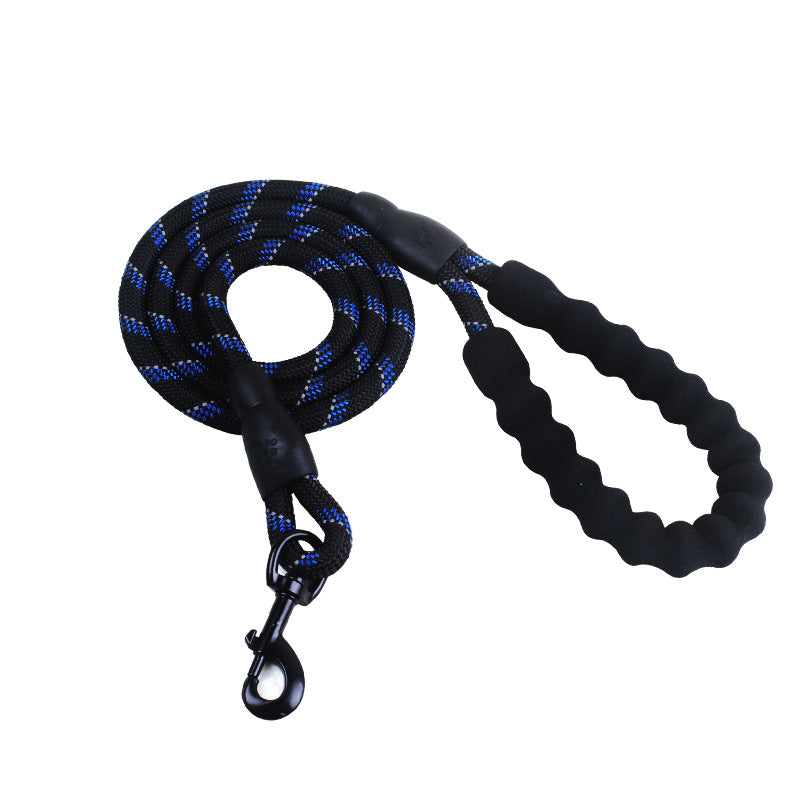 Black and blue reflective rope dog leash with padded handle and metal clasp