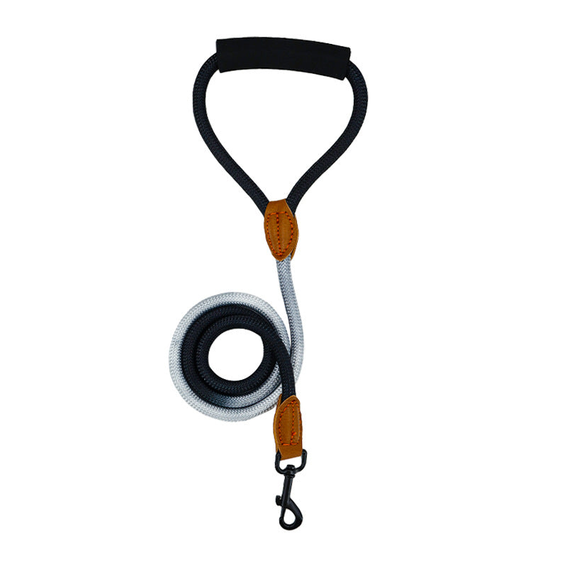 Black and gray gradient rope dog leash with padded handle and metal clip