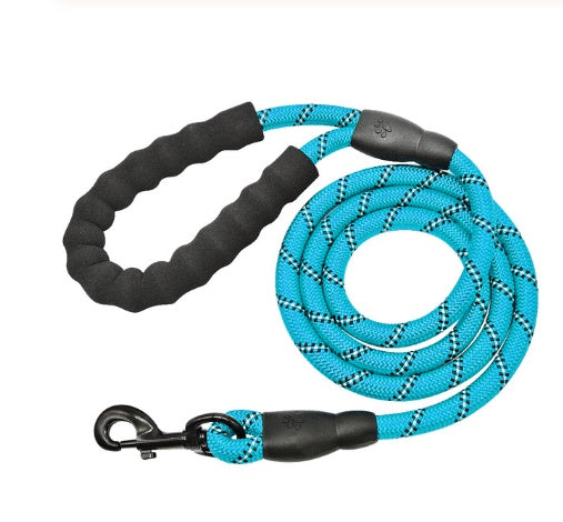 Blue reflective rope dog leash with a black padded handle and metal clasp