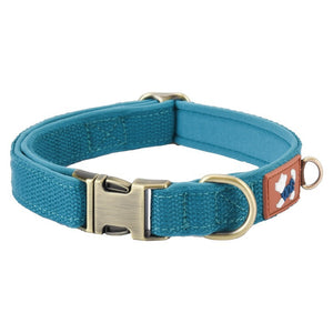 Blue padded adjustable dog collar with metal quick-release buckle and D-ring
