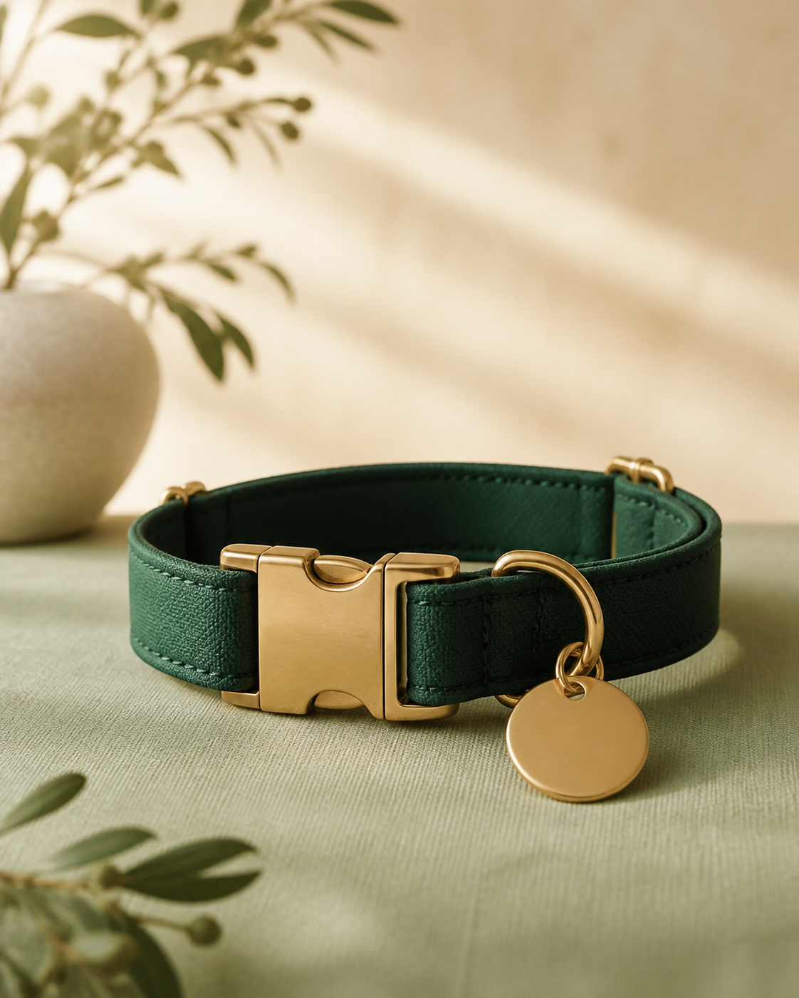 Dog collars and ID tags in forest green and brass