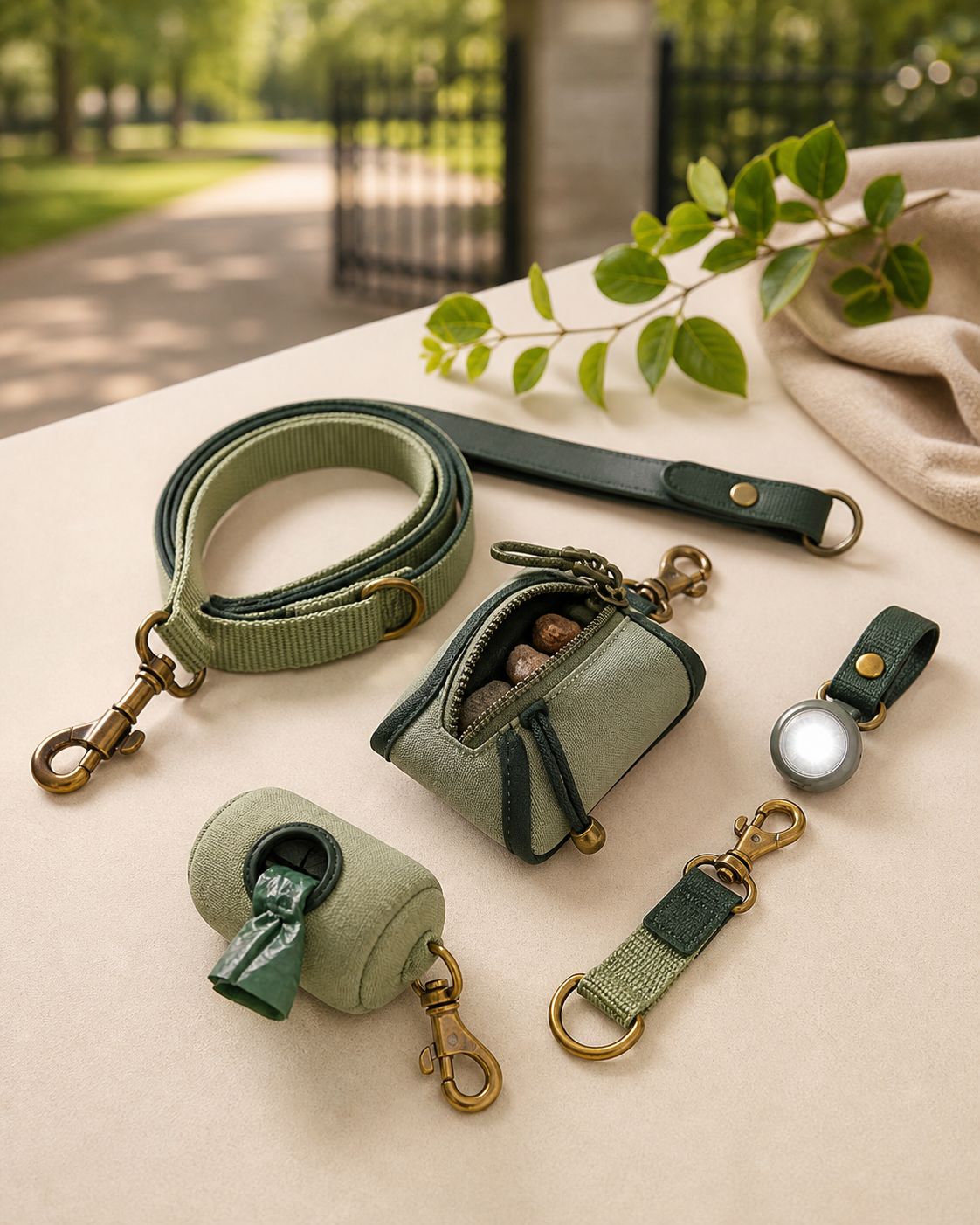 Coordinated dog walking accessories in green and cream