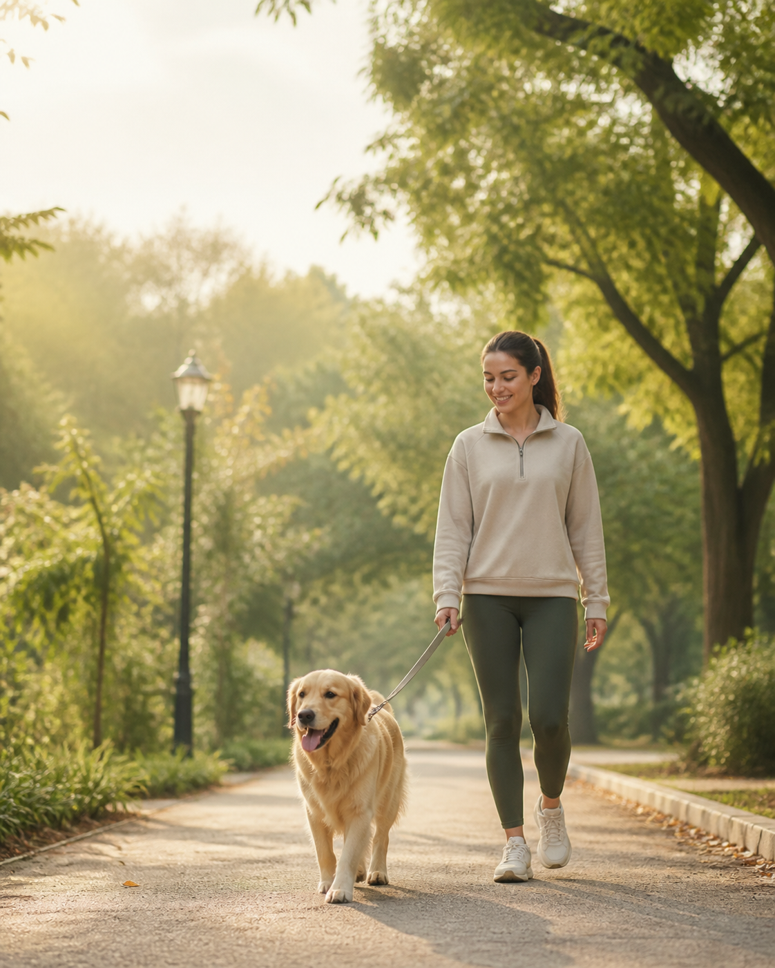 Dog and owner walking together on a park path
