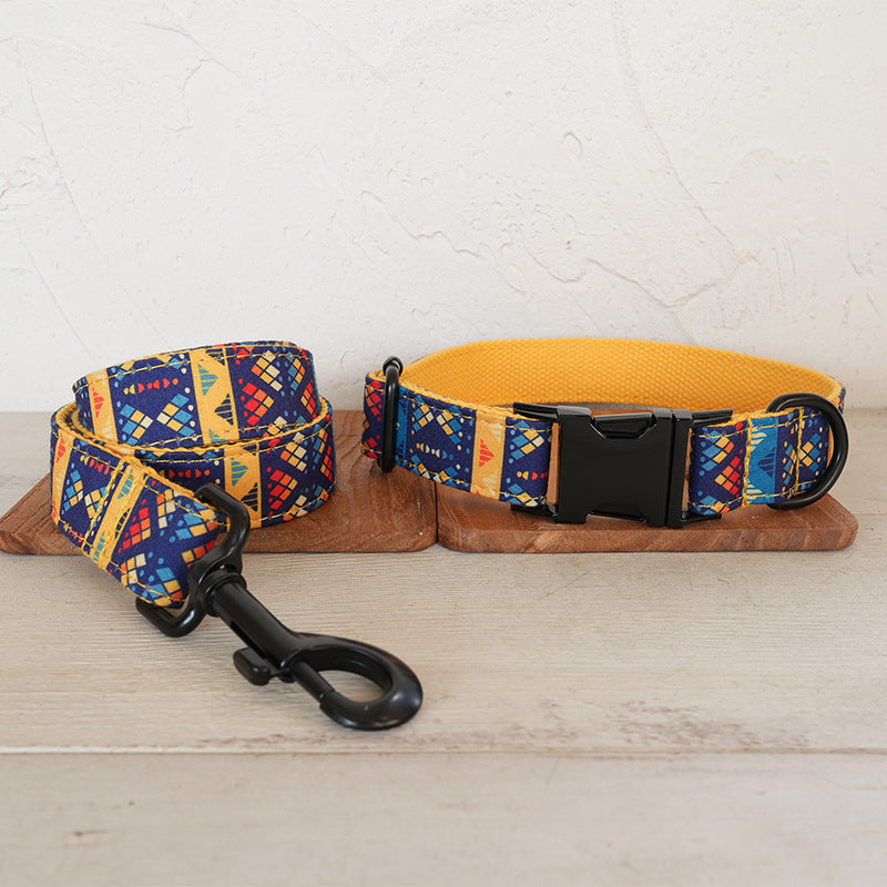 Matching geometric dog collar and leash set with black hardware