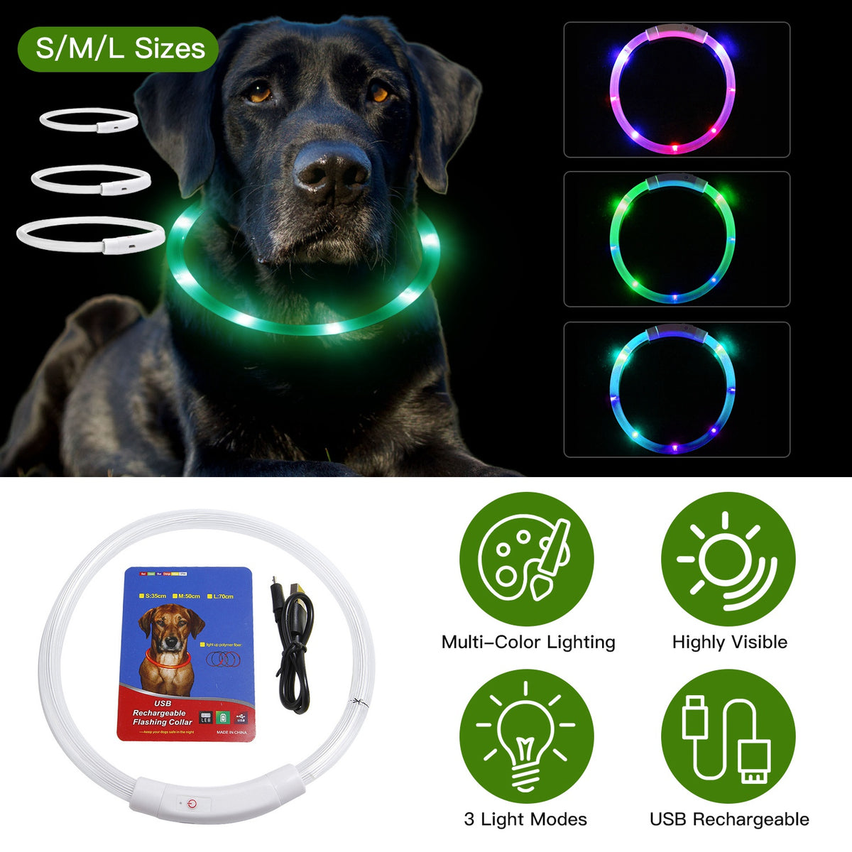 Dog wearing a multicolor light-up collar with size and product feature details