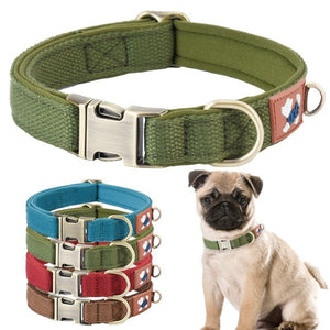 Green padded adjustable dog collar beside color options and a pug wearing the collar