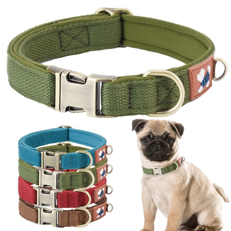 Green padded adjustable dog collar beside color options and a pug wearing the collar