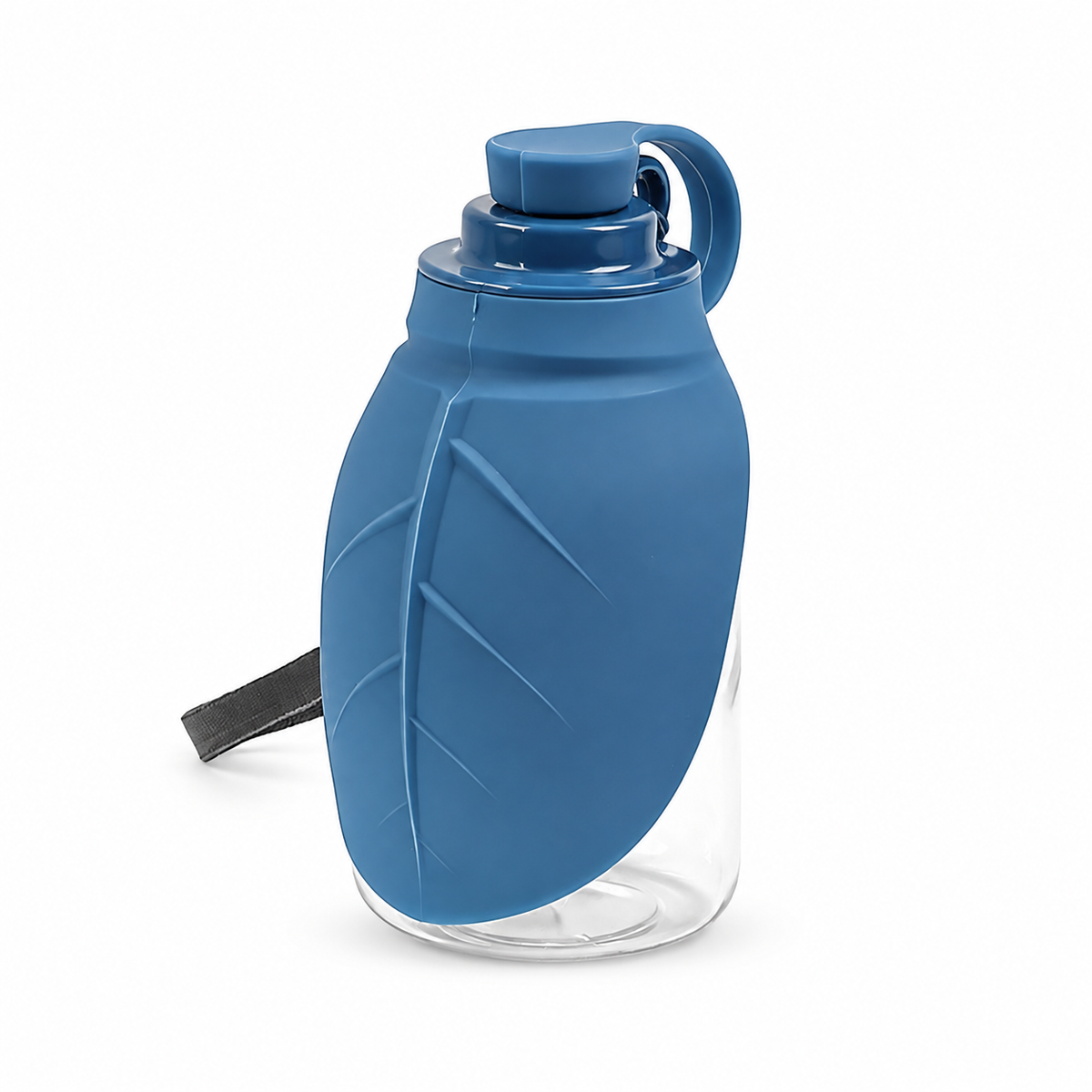 Blue portable silicone foldable pet water bottle with leaf-shaped drinking bowl