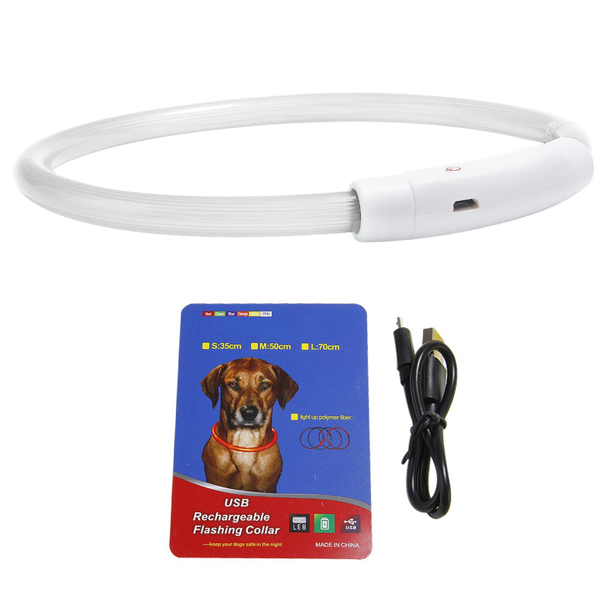 White rechargeable LED dog collar with USB cable and product packaging