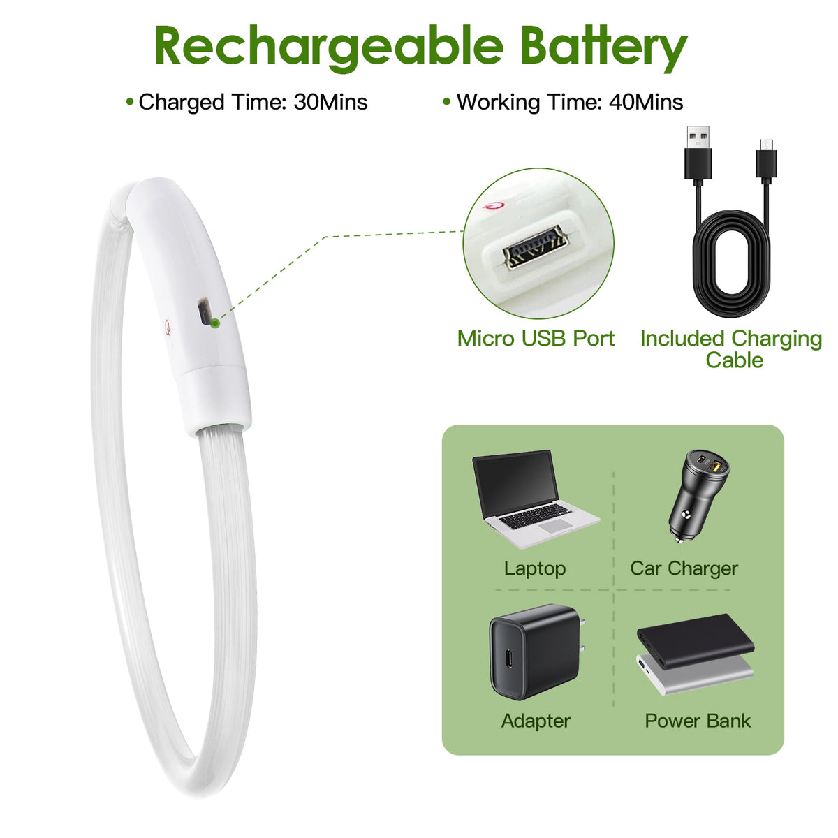 Rechargeable LED dog collar with Micro USB port and included charging cable