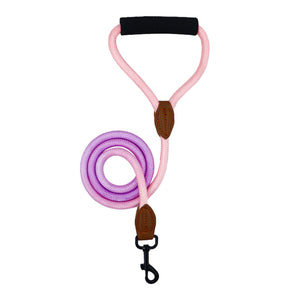 Pink and purple gradient rope dog leash with padded handle and metal clip