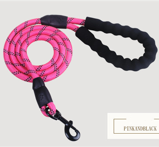 Pink reflective rope dog leash with a black padded handle and metal clasp