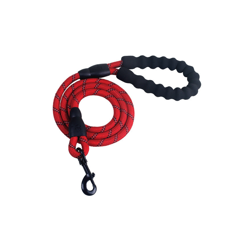 Red and black reflective rope dog leash with padded handle and metal clasp