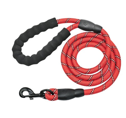 Red reflective rope dog leash with a black padded handle and metal clasp
