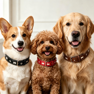 Three dogs wearing black, red and brown reflective paw-print collars