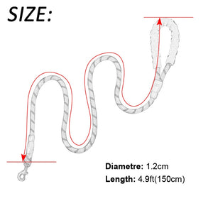 Reflective rope dog leash size guide showing 4.9 ft length and 1.2 cm diameter