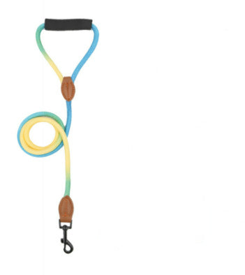 Yellow and blue gradient rope dog leash with padded handle and metal clip